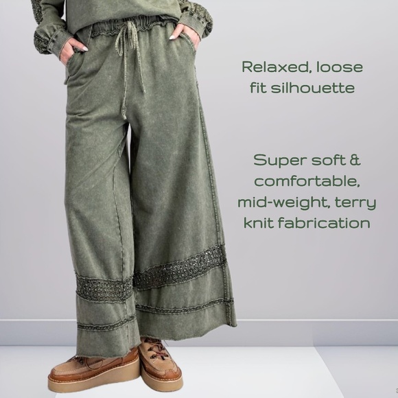 EASEL Lace Detailed Terry Knit Cotton Mineral Washed Wide Leg Drawstring Pockets - Picture 8 of 16